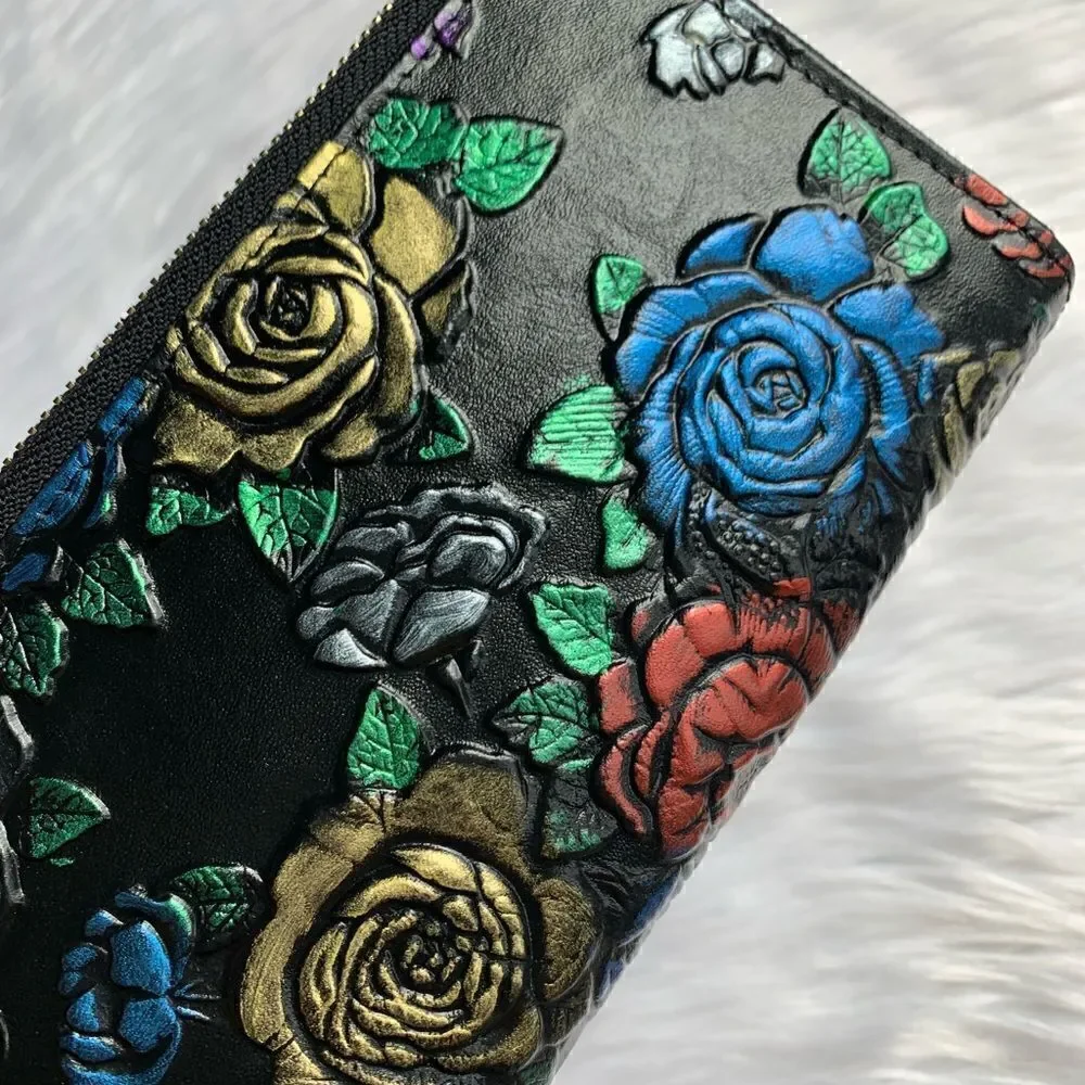 Handmade Genuine Leather Floral Embossed Accordion Wallet/ Wristlet